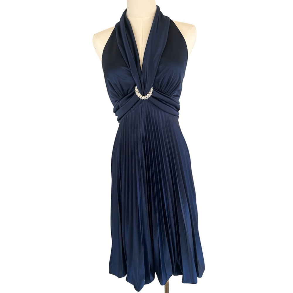 Y2K CACHE Babydoll Halter Bubble Hem Satin Open Back Dress Glam Formal Party | 6